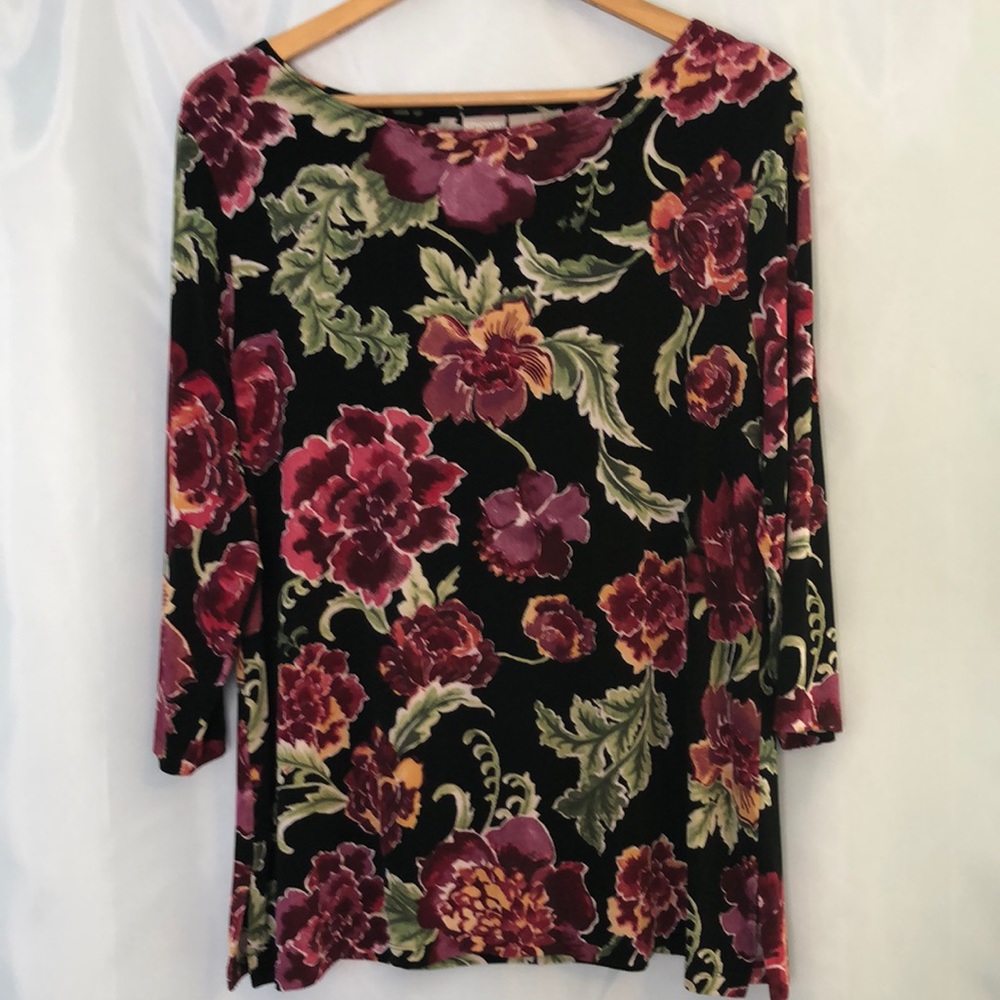 Chico's Black Floral Velvet-Look Top with Burgundy & Green Flowers